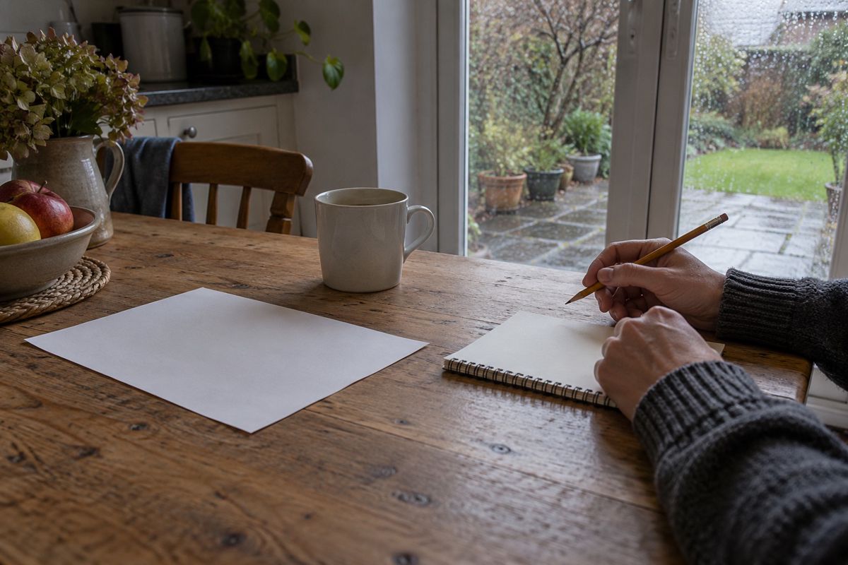 Hands with a pencil beside a notepad and quotes on a kitchen table