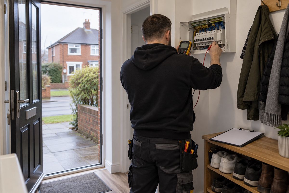 Electrician testing a new consumer unit at the end of a job