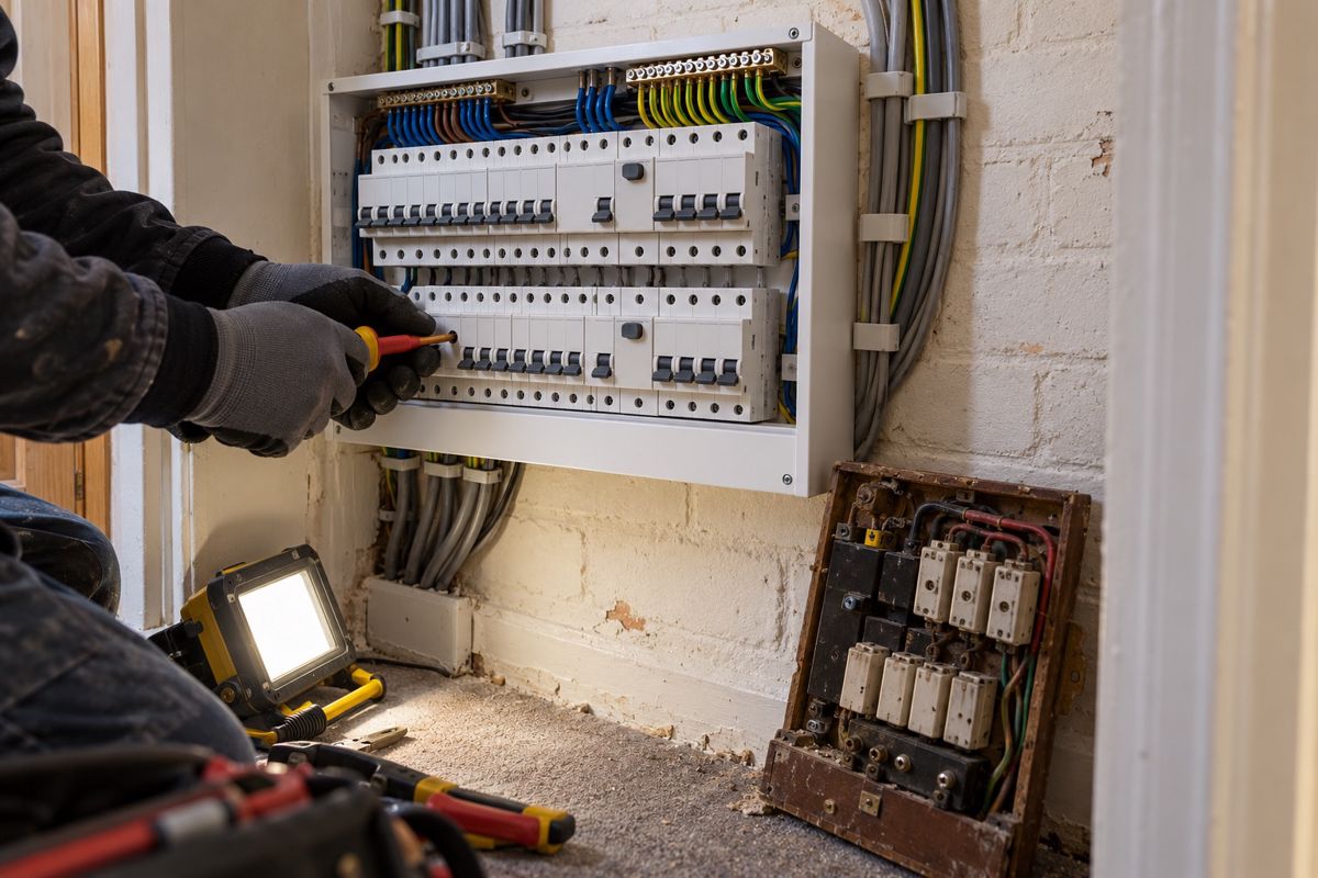 Gloved hands fitting a new metal consumer unit beside an old fuse board