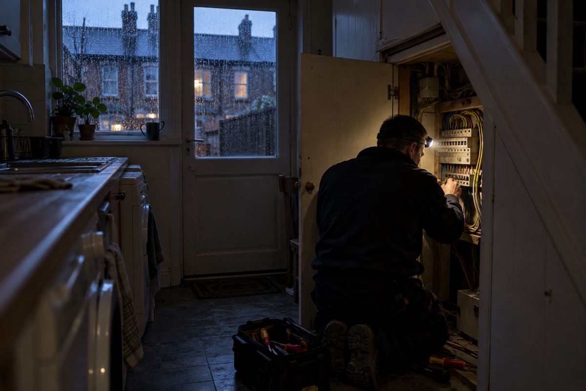 Electrician with a torch checking a consumer unit in a dark terrace hallway