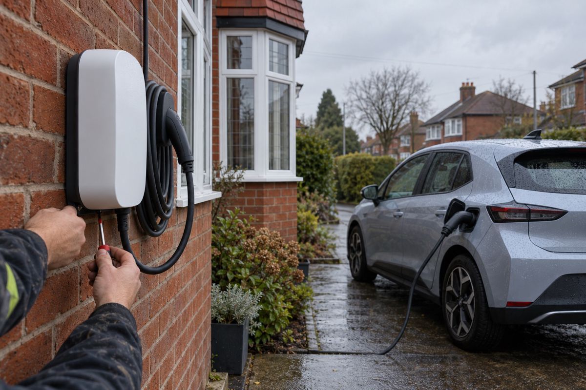 Wall-mounted home EV charger on a brick semi beside an electric car