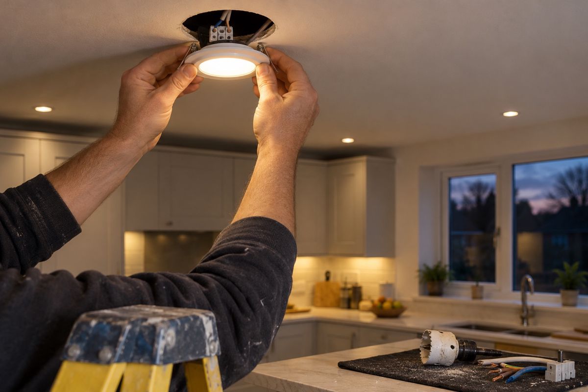 Electrician fitting an LED downlight into a kitchen ceiling