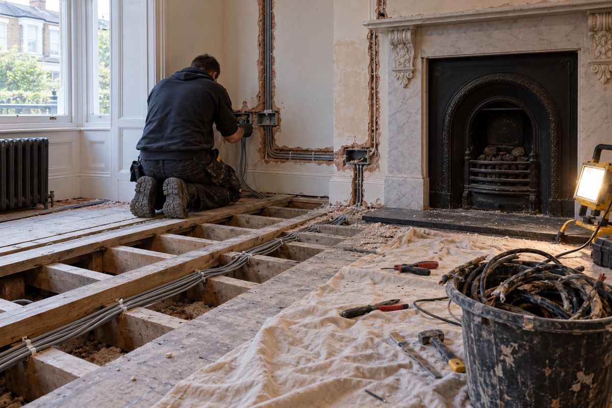Lifted floorboards and new cables during a rewire in a Victorian terrace